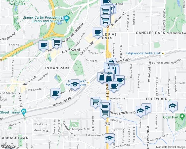map of restaurants, bars, coffee shops, grocery stores, and more near 1124 DeKalb Avenue Northeast in Atlanta