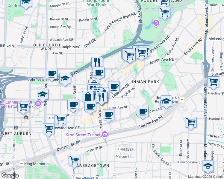 map of restaurants, bars, coffee shops, grocery stores, and more near 6304 Brickworks Circle Northeast in Atlanta