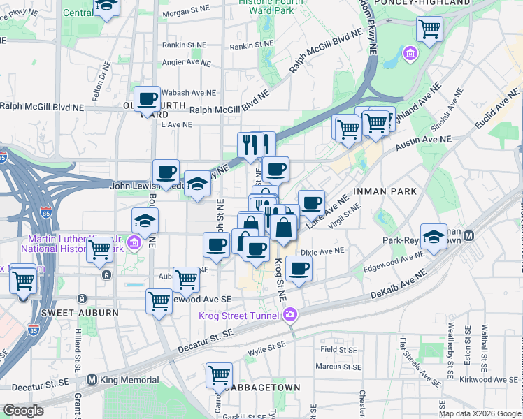 map of restaurants, bars, coffee shops, grocery stores, and more near 174 Sampson Street Northeast in Atlanta