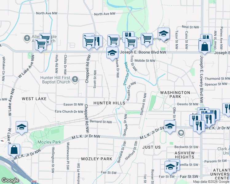 map of restaurants, bars, coffee shops, grocery stores, and more near 140 Burbank Drive Southwest in Atlanta