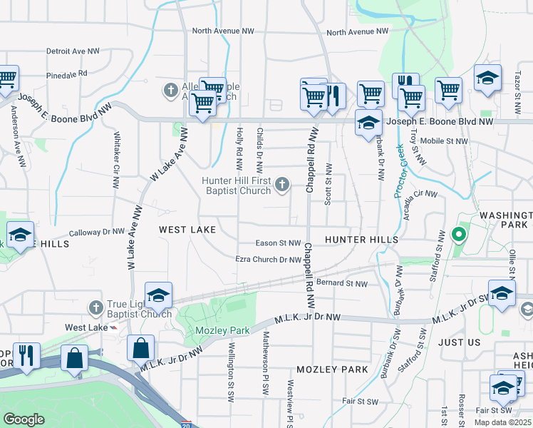 map of restaurants, bars, coffee shops, grocery stores, and more near 1471 Akridge Street Northwest in Atlanta