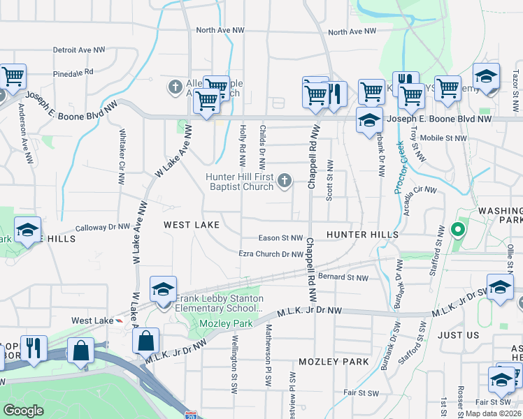 map of restaurants, bars, coffee shops, grocery stores, and more near 1471 Akridge Street Northwest in Atlanta