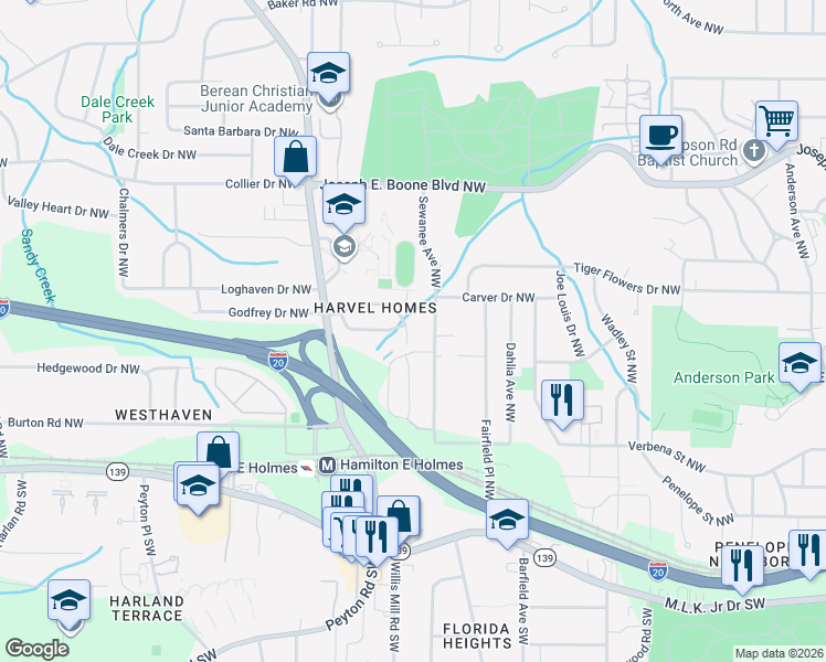 map of restaurants, bars, coffee shops, grocery stores, and more near 135 Ellendale Lane Northwest in Atlanta