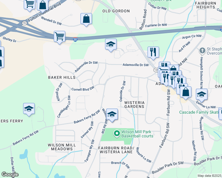map of restaurants, bars, coffee shops, grocery stores, and more near 3822 Bakers Ferry Road Southwest in Atlanta