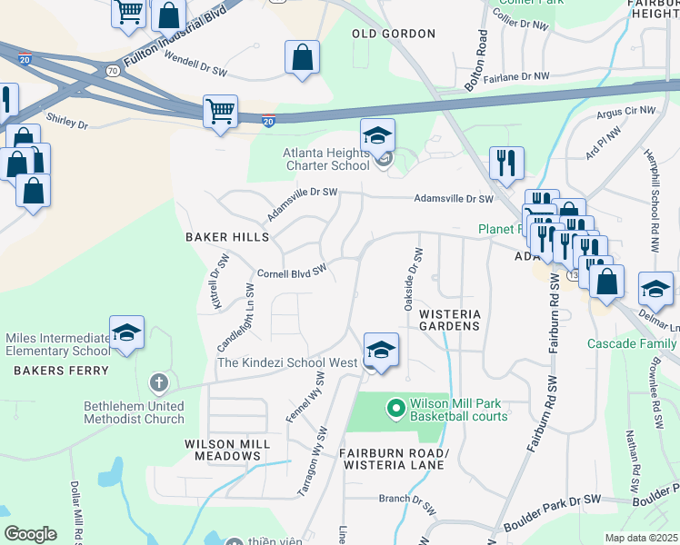 map of restaurants, bars, coffee shops, grocery stores, and more near 420 Dartmouth Drive Southwest in Atlanta