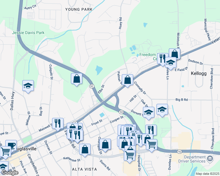 map of restaurants, bars, coffee shops, grocery stores, and more near 6189 East Strickland Street in Douglasville