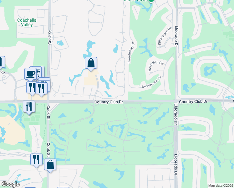 map of restaurants, bars, coffee shops, grocery stores, and more near 102 Desert Falls Drive East in Palm Desert