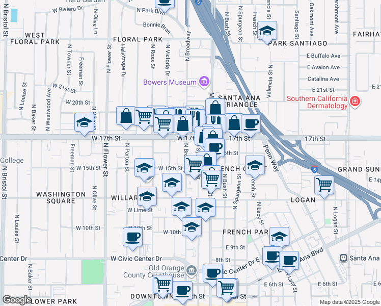 map of restaurants, bars, coffee shops, grocery stores, and more near in Santa Ana