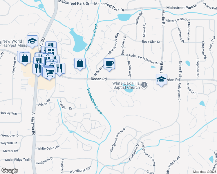 map of restaurants, bars, coffee shops, grocery stores, and more near 1189 Mill Lake Circle in Stone Mountain