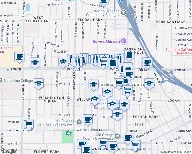 map of restaurants, bars, coffee shops, grocery stores, and more near 1602 North Ross Street in Santa Ana
