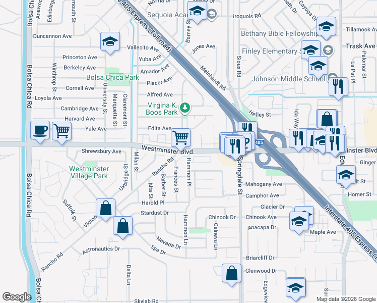 map of restaurants, bars, coffee shops, grocery stores, and more near Westminster Blvd & Hammon Pl in Westminster