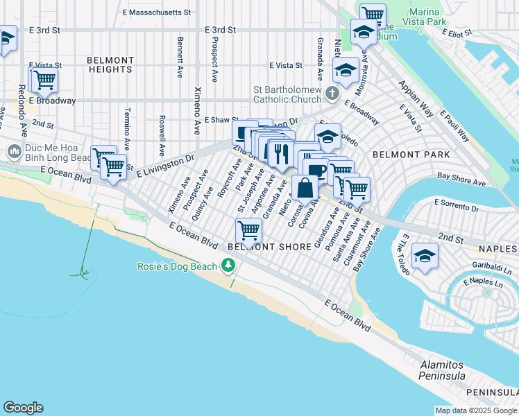 map of restaurants, bars, coffee shops, grocery stores, and more near 132 Argonne Avenue in Long Beach