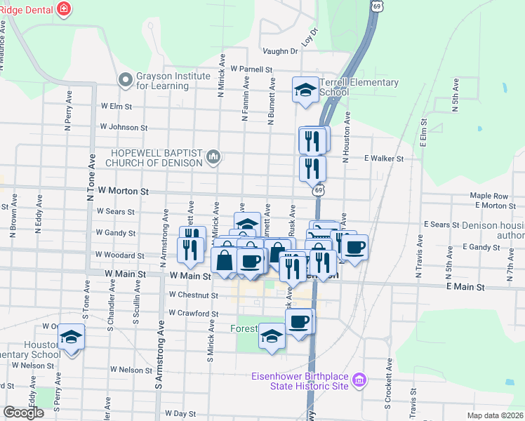 map of restaurants, bars, coffee shops, grocery stores, and more near 401 W Sears St in Denison