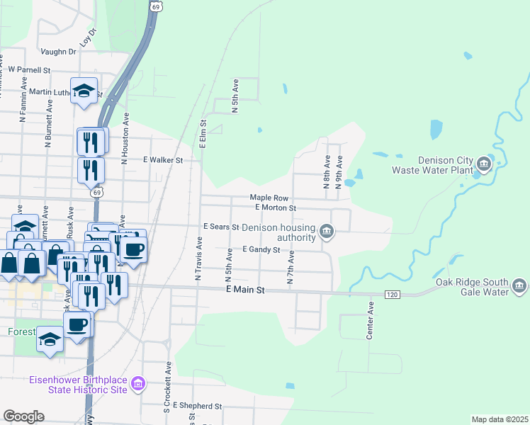 map of restaurants, bars, coffee shops, grocery stores, and more near 600 East Morton Street in Denison