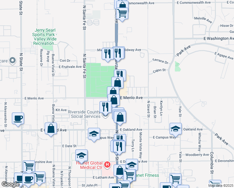 map of restaurants, bars, coffee shops, grocery stores, and more near 2599 South San Jacinto Avenue in San Jacinto