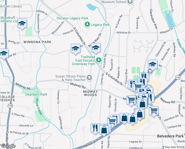 map of restaurants, bars, coffee shops, grocery stores, and more near 1220 Thomas Road in Decatur