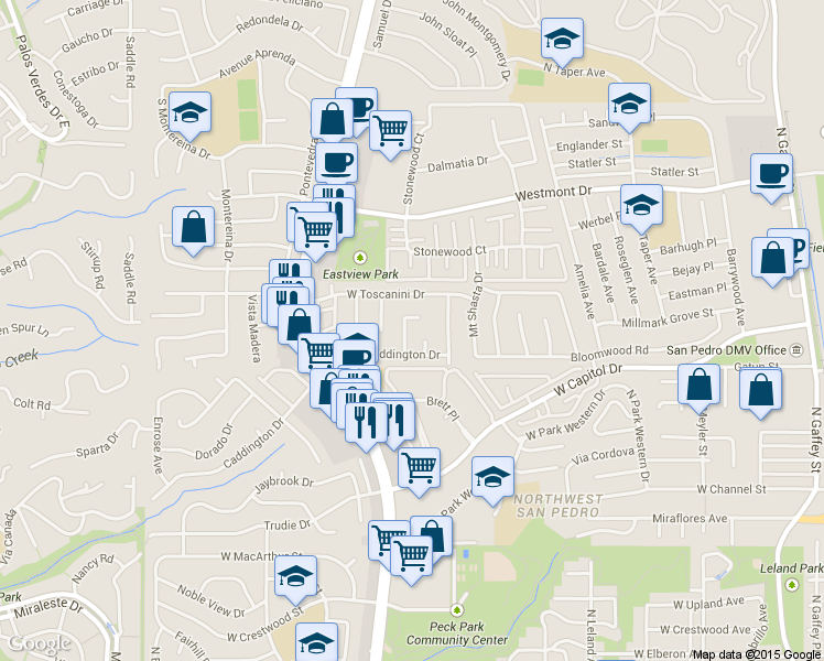 map of restaurants, bars, coffee shops, grocery stores, and more near 28702 Mount Lassen Lane in Rancho Palos Verdes