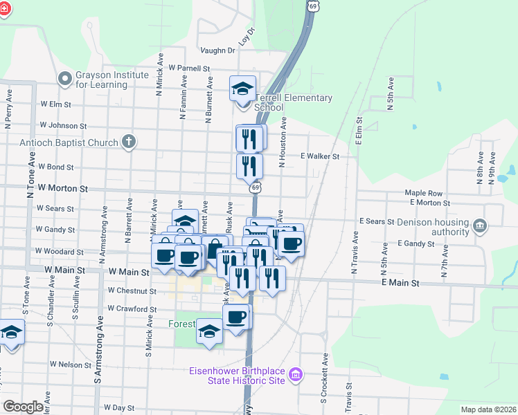 map of restaurants, bars, coffee shops, grocery stores, and more near 401 North Austin Avenue in Denison