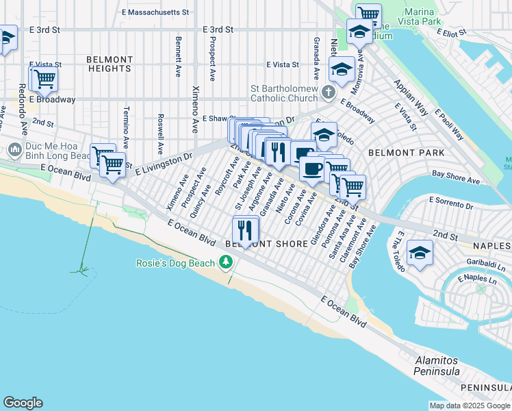 map of restaurants, bars, coffee shops, grocery stores, and more near 132 Argonne Avenue in Long Beach