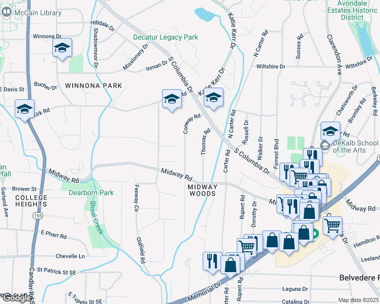 map of restaurants, bars, coffee shops, grocery stores, and more near 1220 Conway Road in Decatur