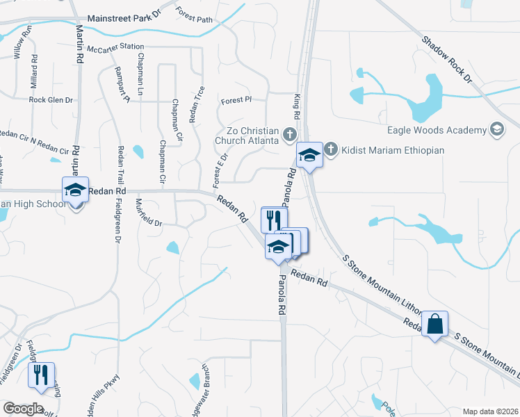 map of restaurants, bars, coffee shops, grocery stores, and more near 1184 Dustin Court in Stone Mountain