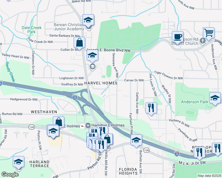 map of restaurants, bars, coffee shops, grocery stores, and more near 135 Ellendale Lane Northwest in Atlanta