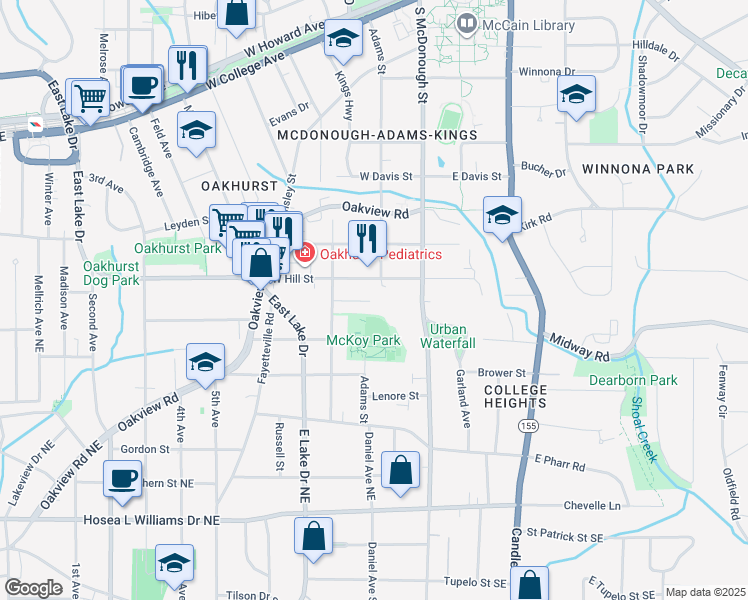 map of restaurants, bars, coffee shops, grocery stores, and more near 206 West Hill Street in Decatur