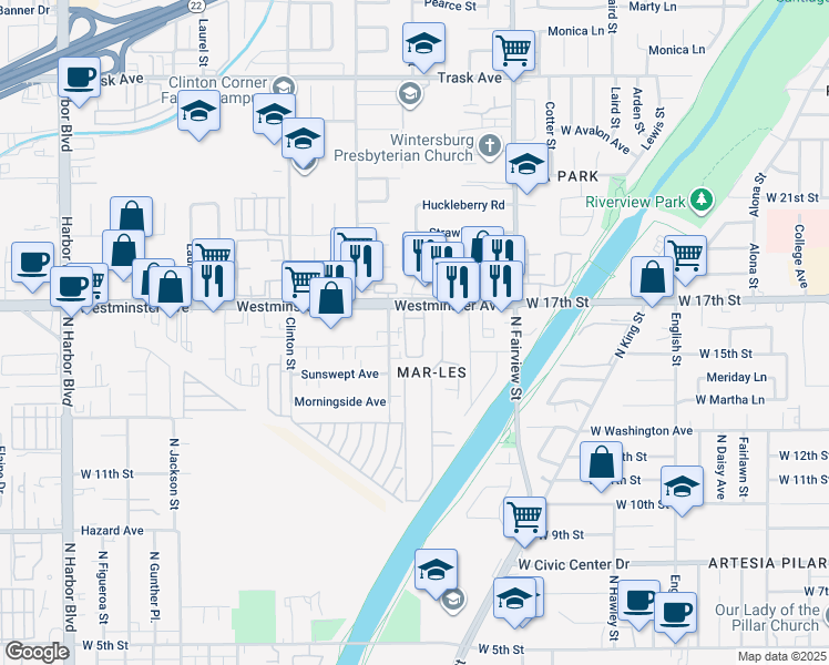 map of restaurants, bars, coffee shops, grocery stores, and more near 2800 West 17th Street in Santa Ana