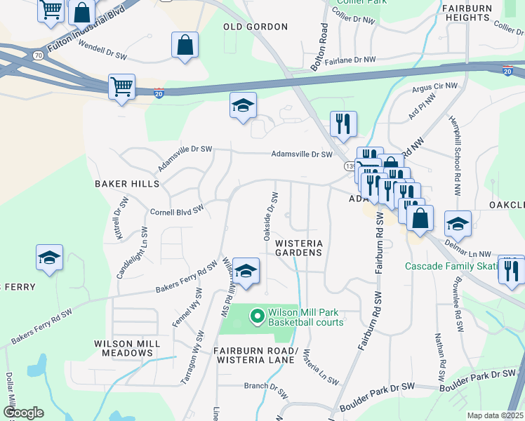 map of restaurants, bars, coffee shops, grocery stores, and more near 445 Oakside Drive Southwest in Atlanta