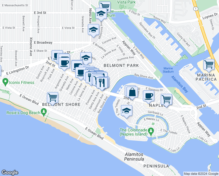 map of restaurants, bars, coffee shops, grocery stores, and more near 201 Bay Shore Avenue in Long Beach