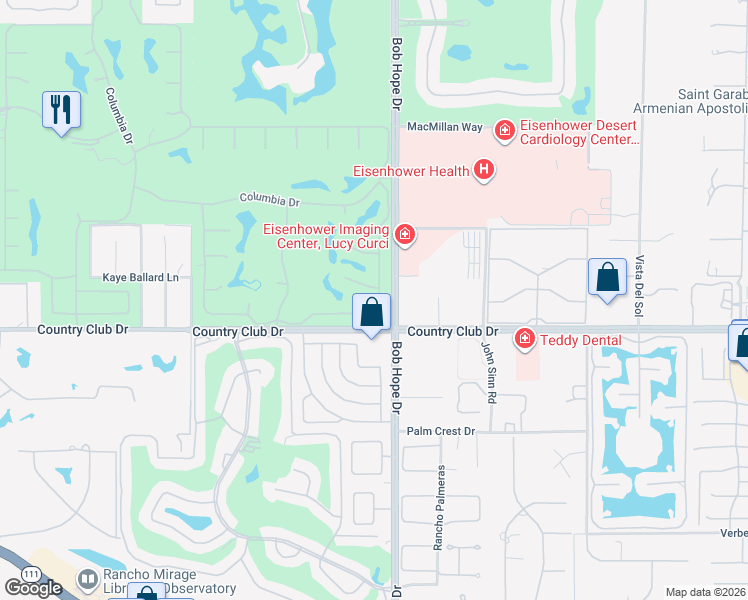 map of restaurants, bars, coffee shops, grocery stores, and more near 40 Colgate Dr in Rancho Mirage