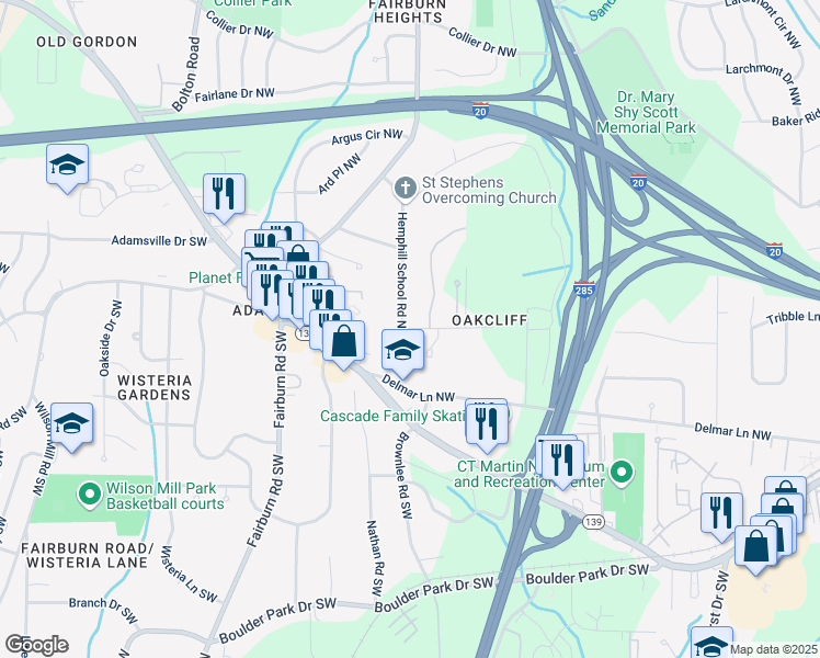 map of restaurants, bars, coffee shops, grocery stores, and more near 3440 Oakcliff Road Northwest in Atlanta
