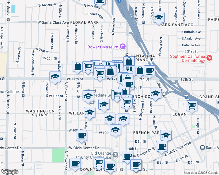 map of restaurants, bars, coffee shops, grocery stores, and more near 1600 North Broadway in Santa Ana