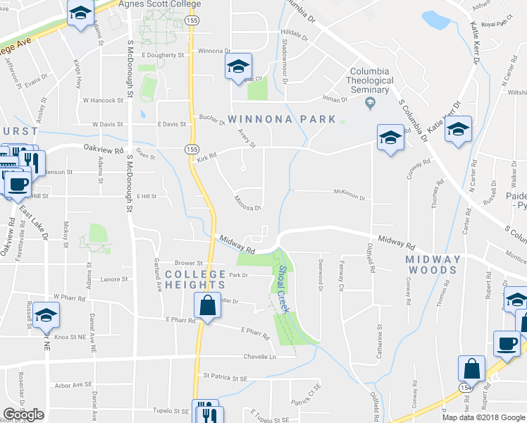 map of restaurants, bars, coffee shops, grocery stores, and more near 345 Mimosa Drive in Decatur