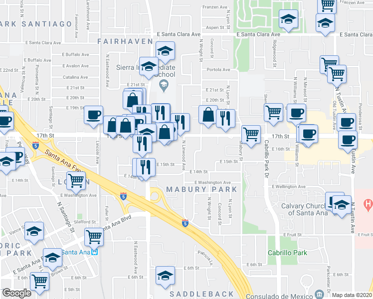 map of restaurants, bars, coffee shops, grocery stores, and more near 1605 North Linwood Avenue in Santa Ana