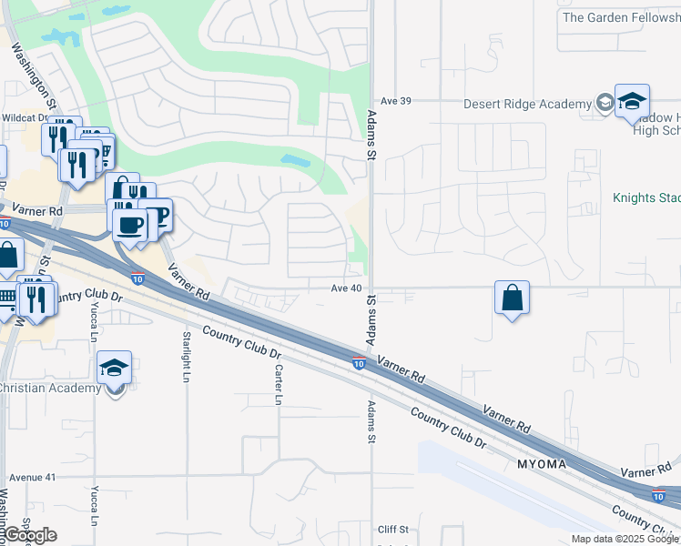 map of restaurants, bars, coffee shops, grocery stores, and more near 78930 Adesso Way in Palm Desert