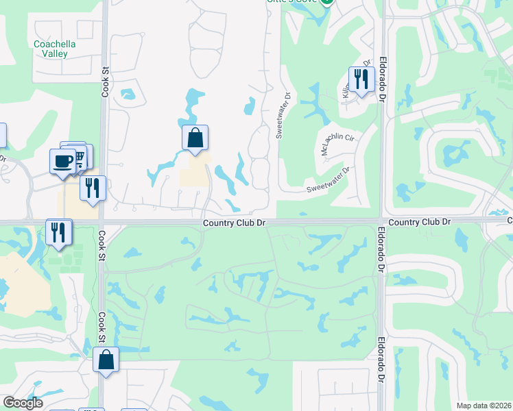 map of restaurants, bars, coffee shops, grocery stores, and more near 102 Desert Falls Drive East in Palm Desert