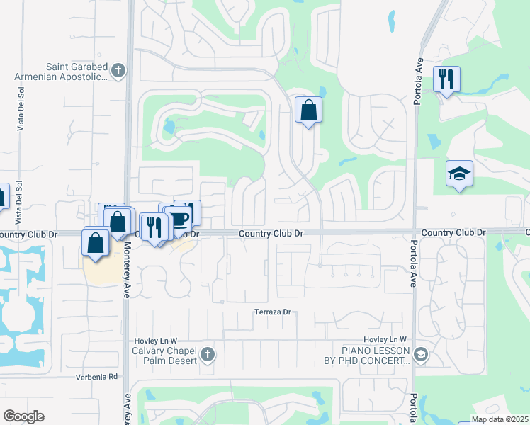 map of restaurants, bars, coffee shops, grocery stores, and more near 73450 Country Club Drive in Palm Desert