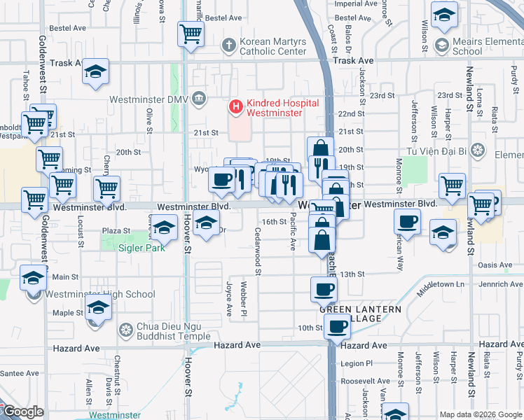 map of restaurants, bars, coffee shops, grocery stores, and more near in Westminster
