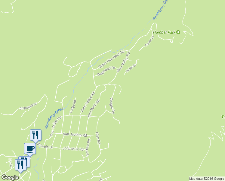 map of restaurants, bars, coffee shops, grocery stores, and more near 25037 Cougar Road in Idyllwild-Pine Cove