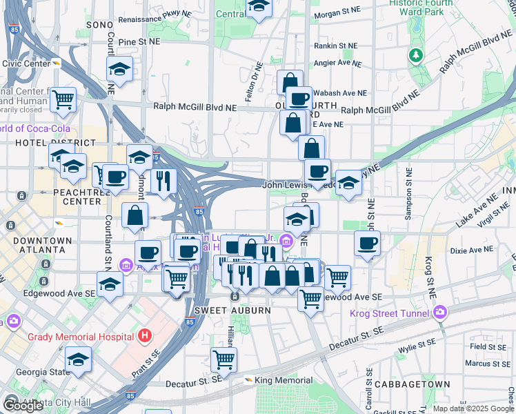 map of restaurants, bars, coffee shops, grocery stores, and more near 382 John Wesley Dobbs Avenue Northeast in Atlanta