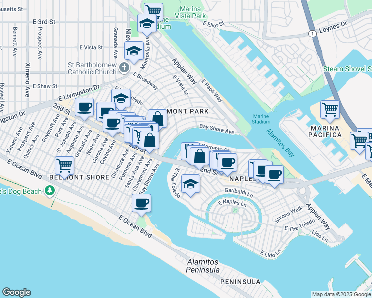 map of restaurants, bars, coffee shops, grocery stores, and more near 5447 East Sorrento Drive in Long Beach