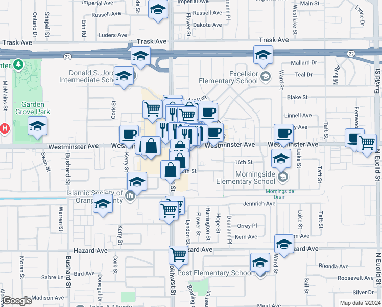 map of restaurants, bars, coffee shops, grocery stores, and more near 10100 Westminster Avenue in Garden Grove