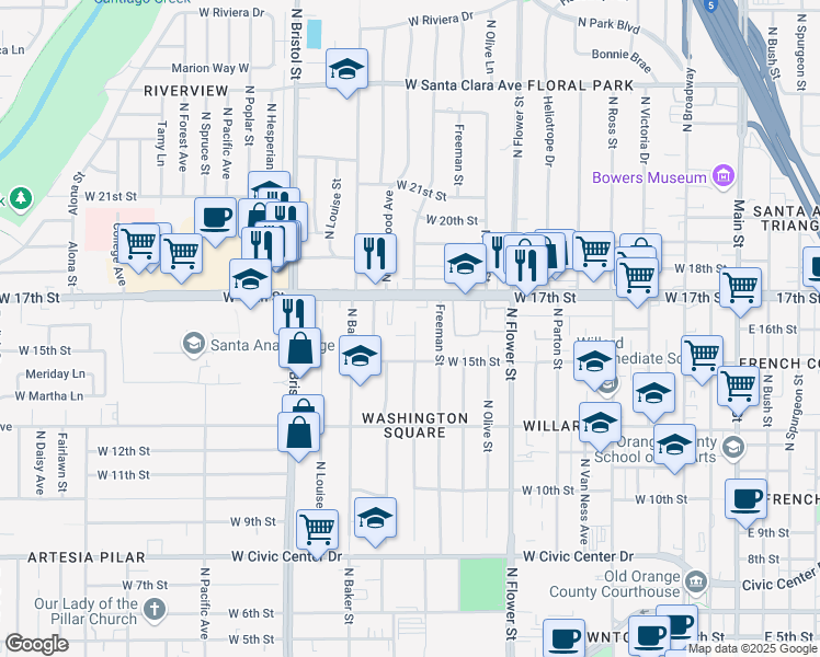 map of restaurants, bars, coffee shops, grocery stores, and more near 1604 North Towner Street in Santa Ana