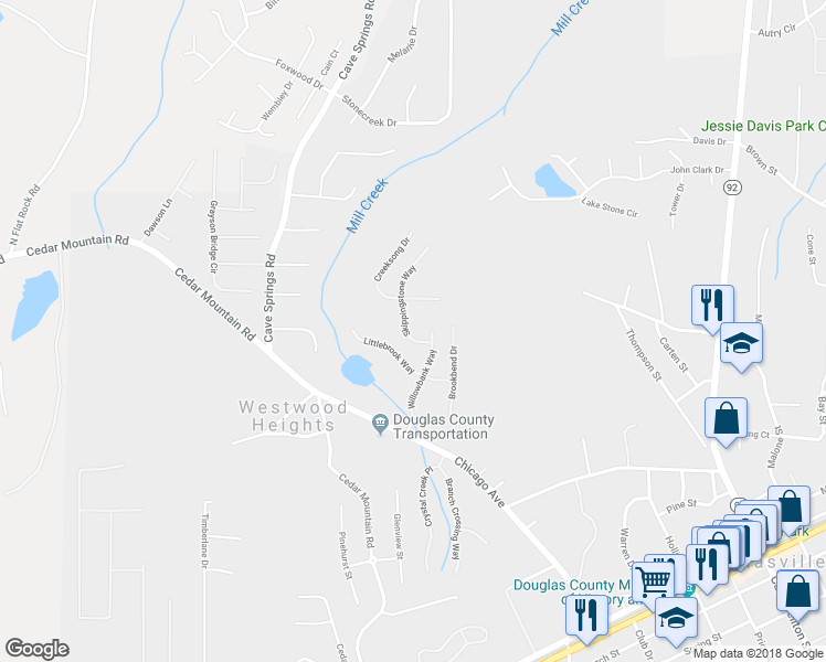 map of restaurants, bars, coffee shops, grocery stores, and more near 7066 Skippingstone Way in Douglasville