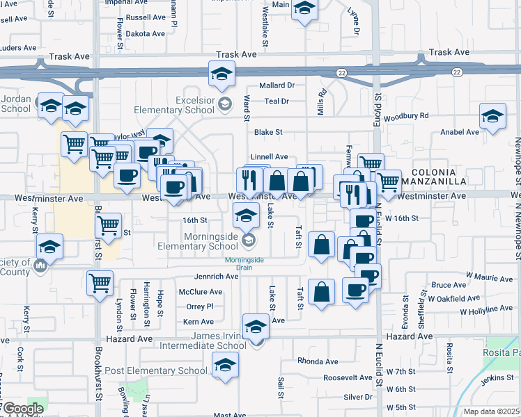map of restaurants, bars, coffee shops, grocery stores, and more near 10581 Keel Avenue in Garden Grove