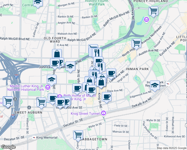 map of restaurants, bars, coffee shops, grocery stores, and more near 175 Sampson Street Northeast in Atlanta