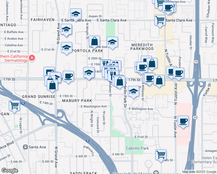 map of restaurants, bars, coffee shops, grocery stores, and more near 1610 Mabury Street in Santa Ana