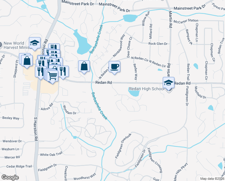 map of restaurants, bars, coffee shops, grocery stores, and more near 1189 Mill Lake Circle in Stone Mountain