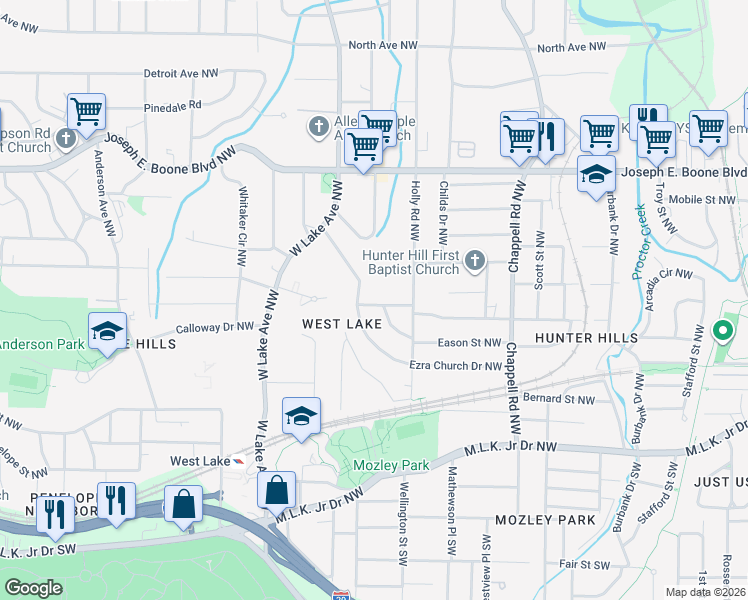 map of restaurants, bars, coffee shops, grocery stores, and more near 1591 Willis Street Northwest in Atlanta